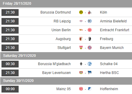Lịch thi đấu vòng 9 giải VĐQG Đức - Bundesliga 1